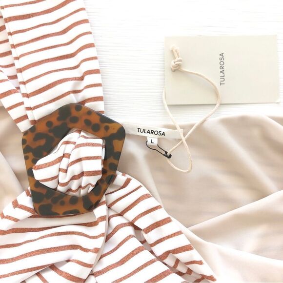 Tularosa Tasya Mini Dress in Bronze Stripe Halter Cut Out Metallic - Picture 5 of 7